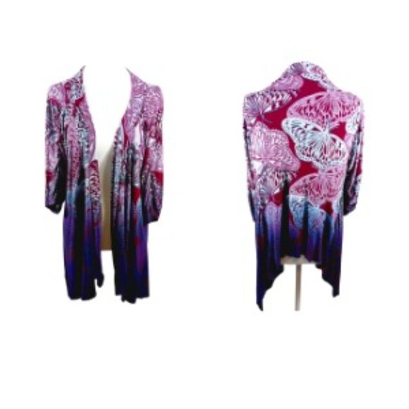 One World, Large, Butterfly Print Wrap, Ruched Sleeves, Blue/Purple/Maroon, Boho - Picture 1 of 16